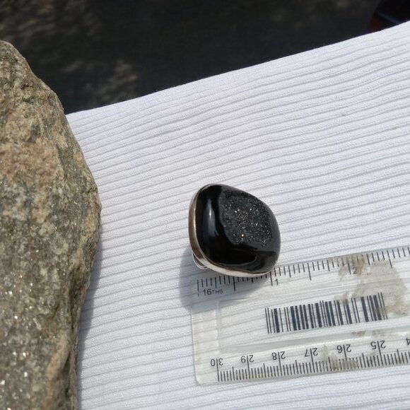 Druzy Black Tourmaline Adjustable 925 Silver Statement Ring - Picture 4 of 5